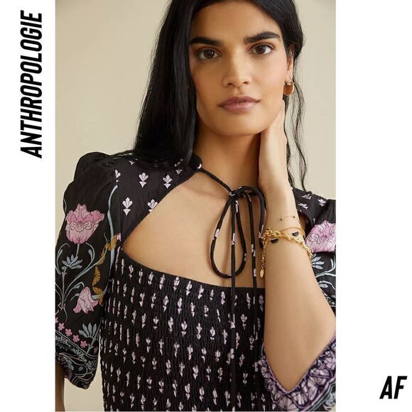 ANTHROPOLOGIE DASHA SMOCKED MIDI DRESS NWT MEDIUM BLACK COMBO - Picture 5 of 7